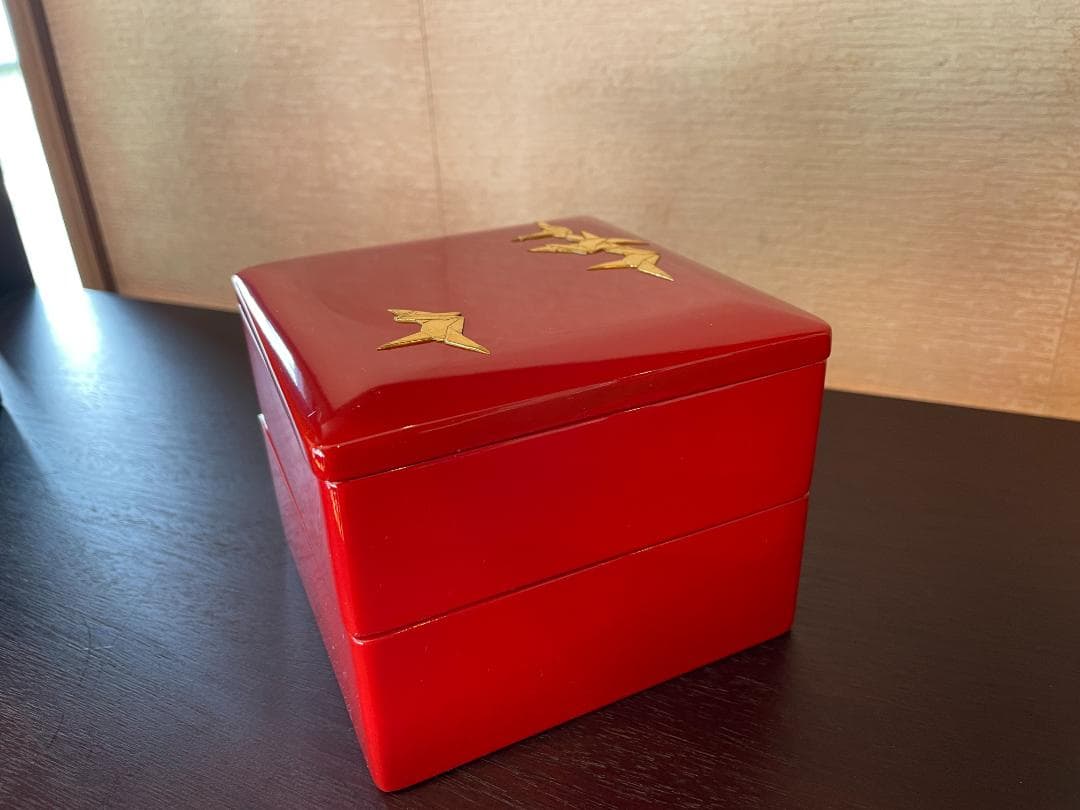 ⭐️超美品⭐️ 琉球漆器 4寸 二段お重箱 折鶴 漆の重ね箱