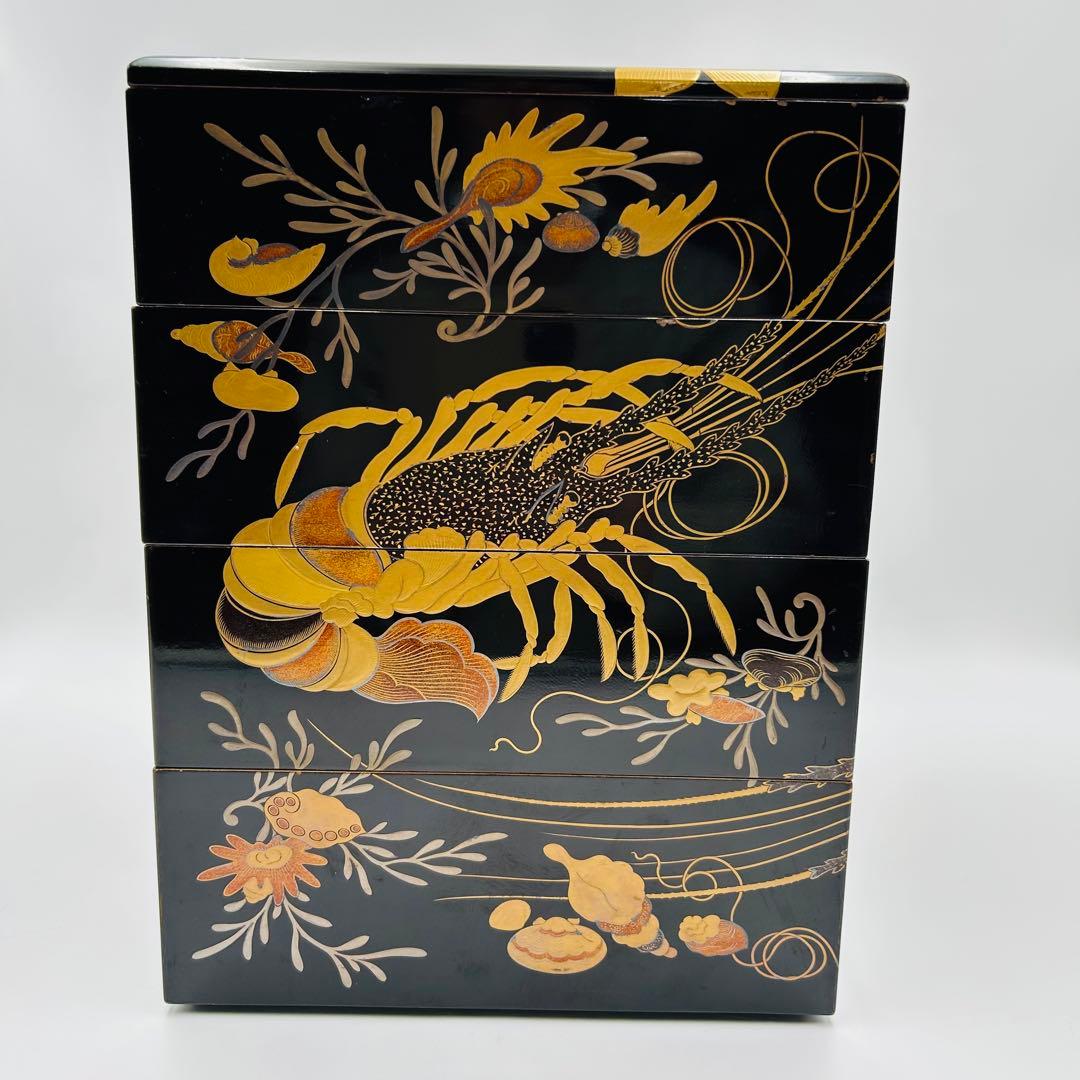 【海老海鮮尽くし蒔絵重箱　段重　お節料理】骨董　アンティーク　インテリア