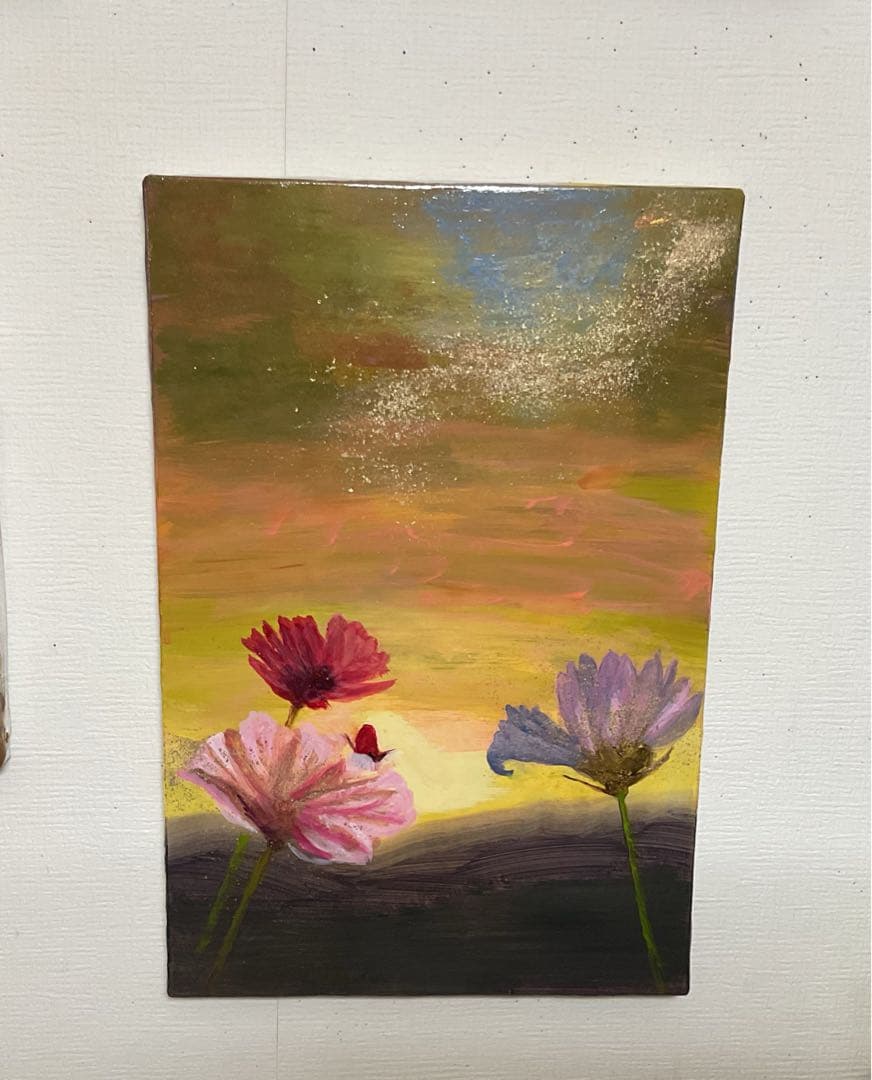 油彩画　「　夕景とコスモス　」　原画　P6号