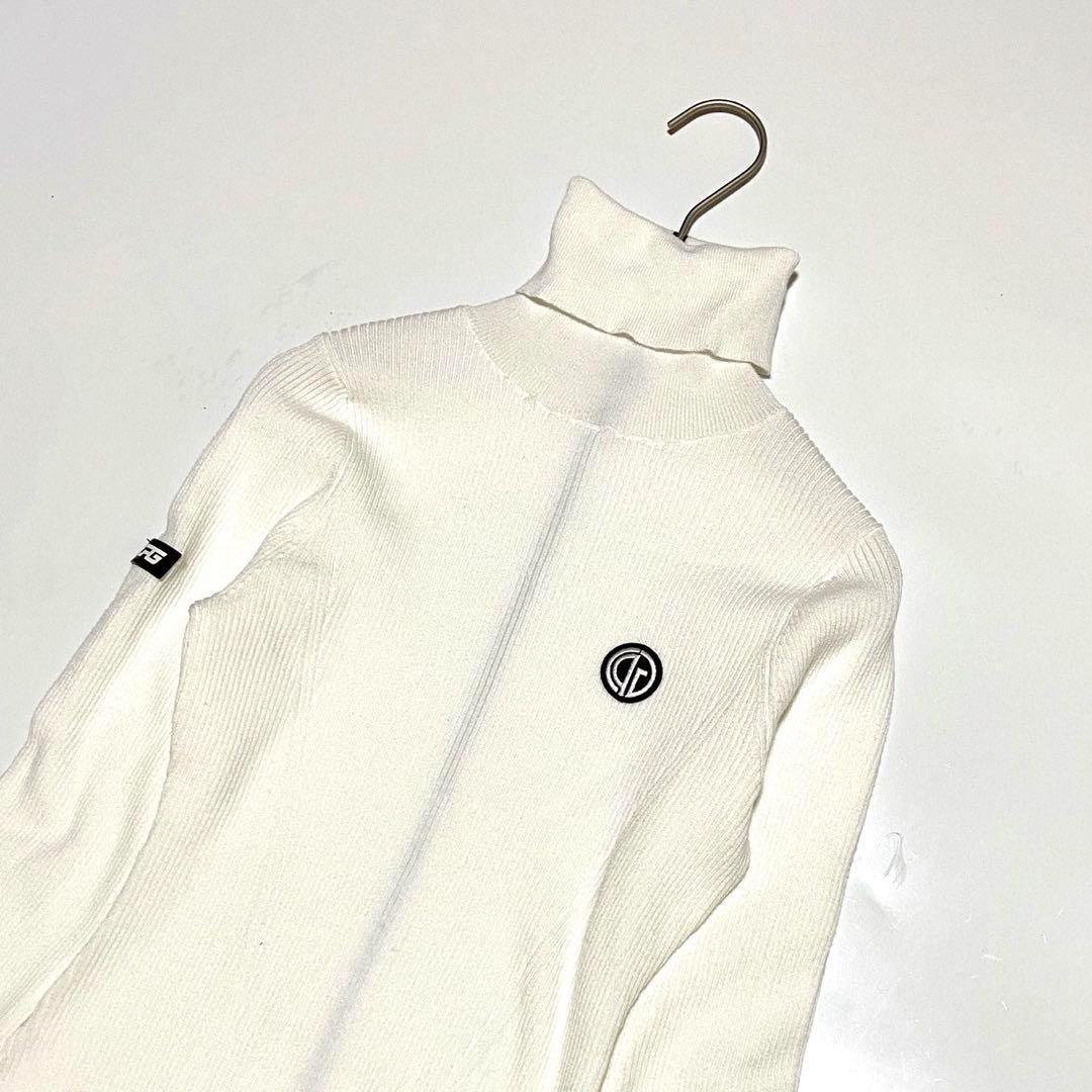 美品 CPG GOLF ハイネック フレア リブニット ワンピース ホワイト 2