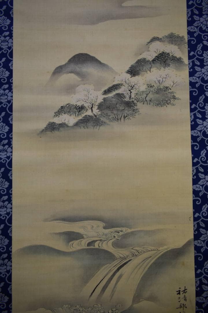 模写/狩野邦信/桜花山水図/布袋屋掛軸HG-5