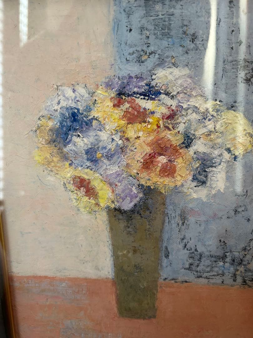 油彩画 辻みつ子「花瓶に生けた花」