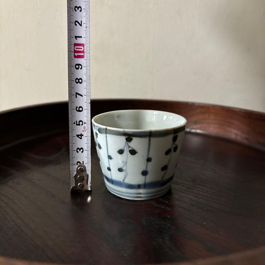 古伊万里染付　格子縞　蔓草文　⑤蕎麦猪口　江戸初期前期　アンティーク　白磁　李朝
