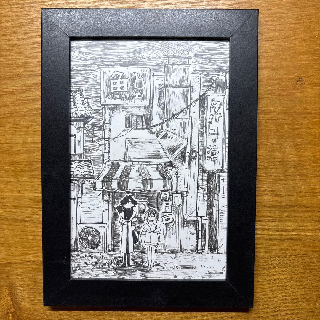 ペン画 黒と白の商店街 ハンドメイド2点セット