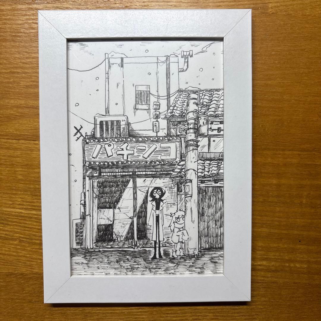 ペン画 黒と白の商店街 ハンドメイド2点セット