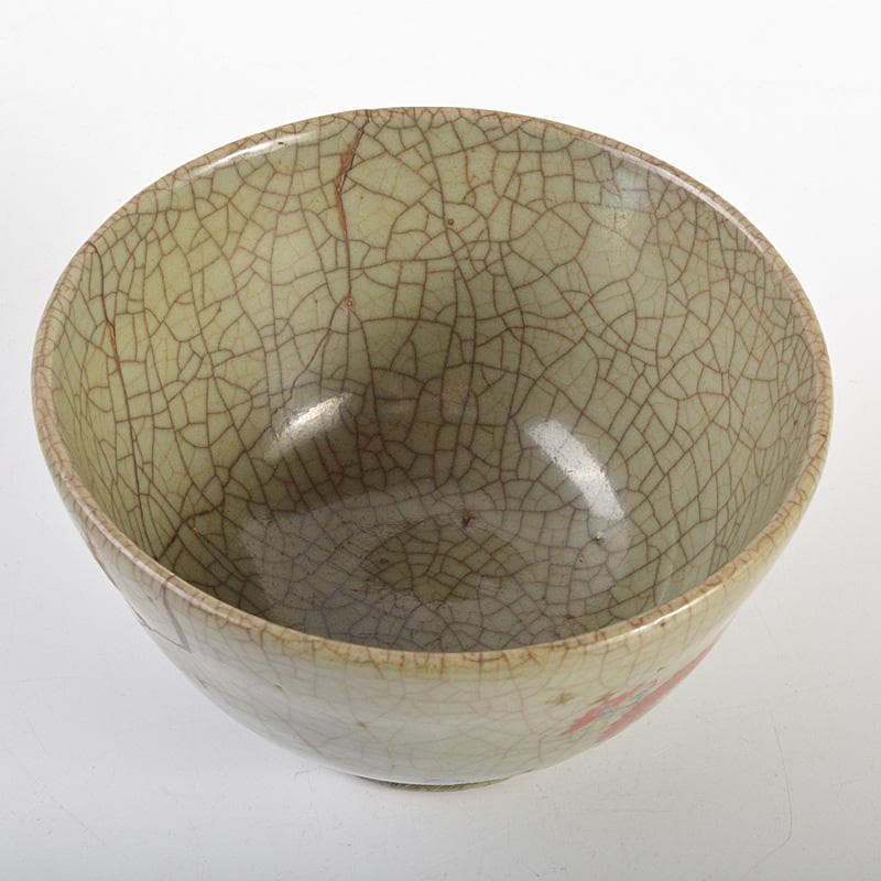 中国　哥窯　青磁　金絲鉄線　花文茶碗　金継ぎ直し　時代箱　C　6602