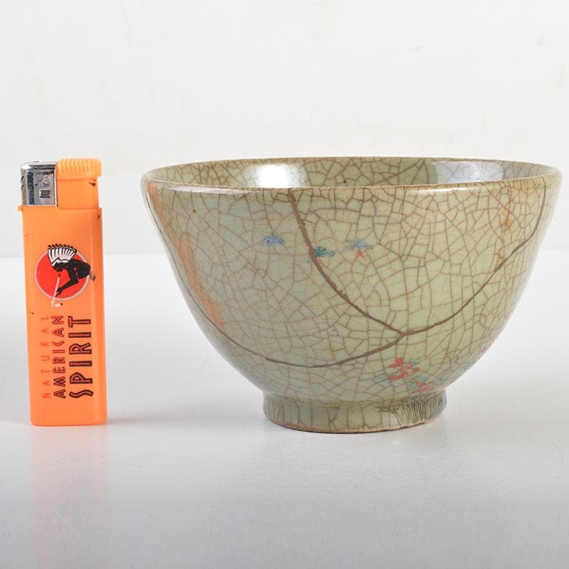 中国　哥窯　青磁　金絲鉄線　花文茶碗　金継ぎ直し　時代箱　C　6602