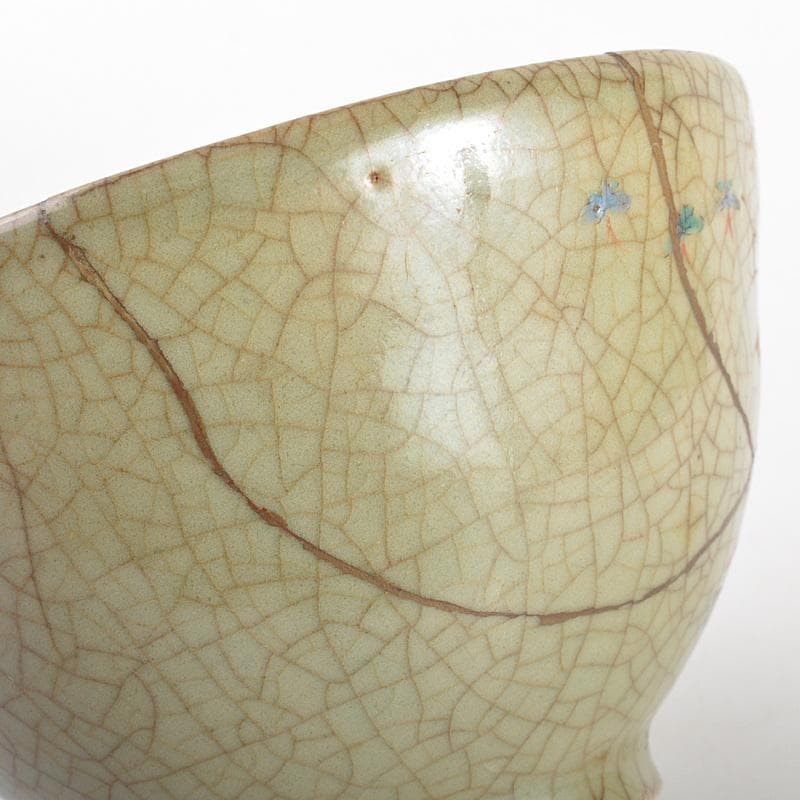 中国　哥窯　青磁　金絲鉄線　花文茶碗　金継ぎ直し　時代箱　C　6602