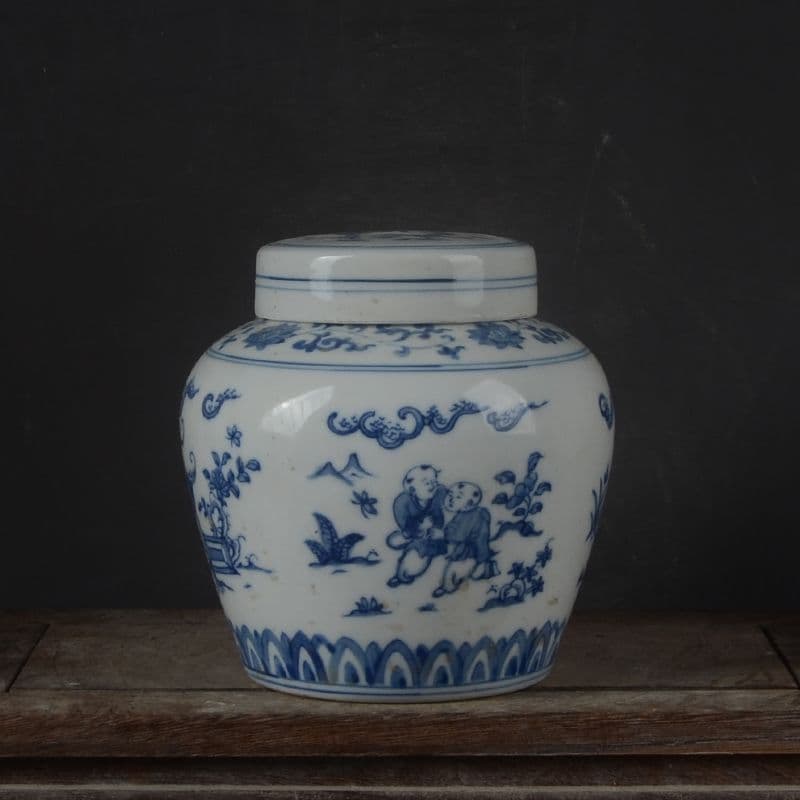 手画青花嬰児戯紋天の字壺 景徳鎮 陶磁器 装飾品 現代工芸品 美術品 置物