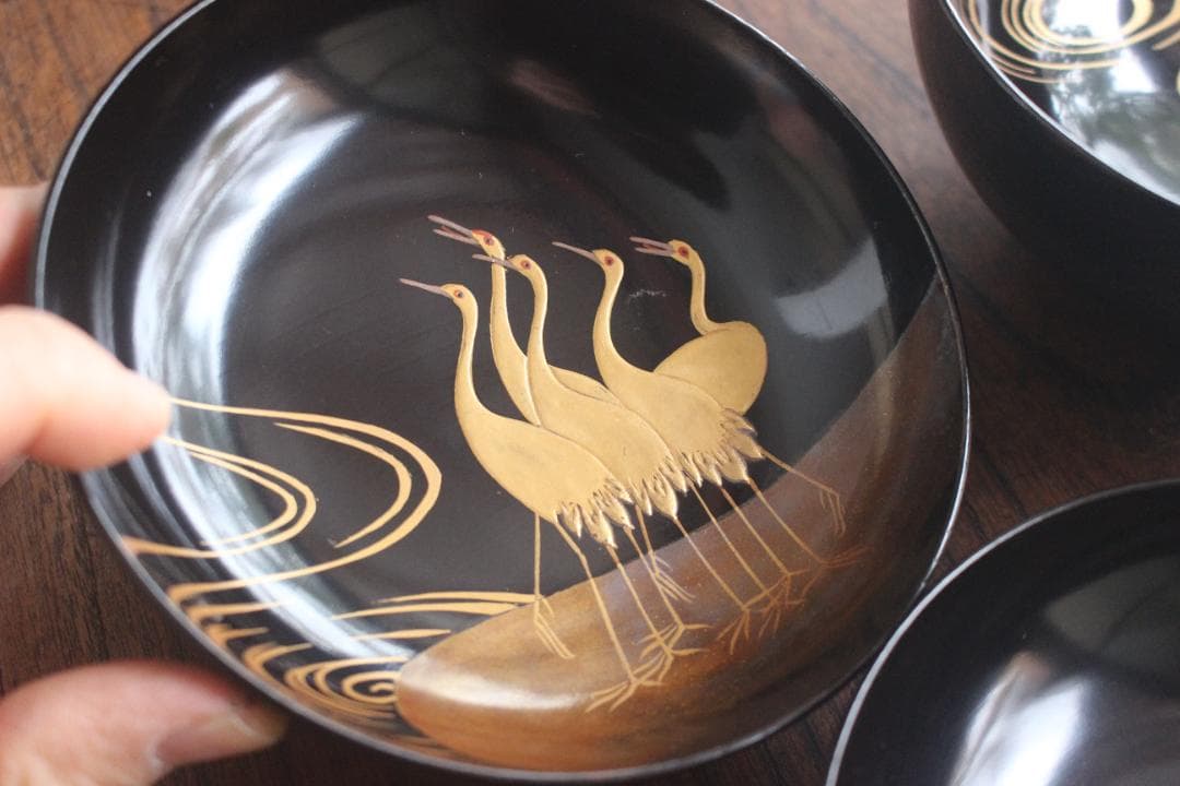 時代逸品！端正な黒漆に優美な光琳鶴蒔絵の映えるお椀2点（検輪島塗蒔絵椀