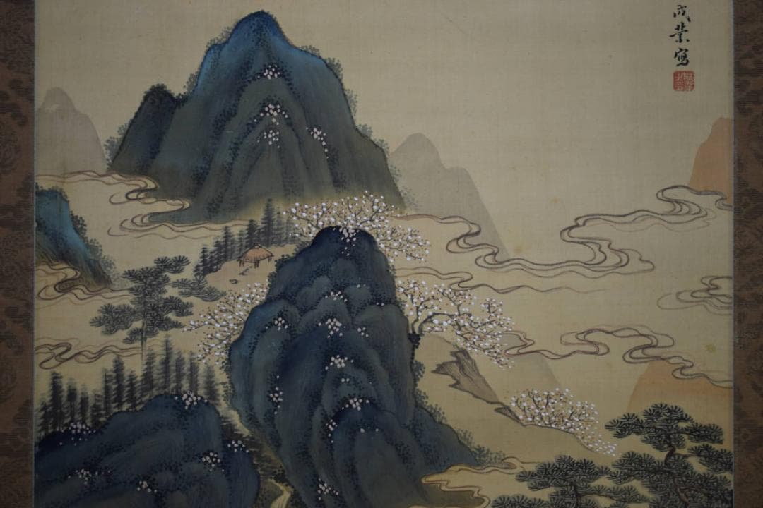 真作/中林竹渓/春景山水人物図/村田香谷の桐極二重箱付/布袋屋掛軸HF-831