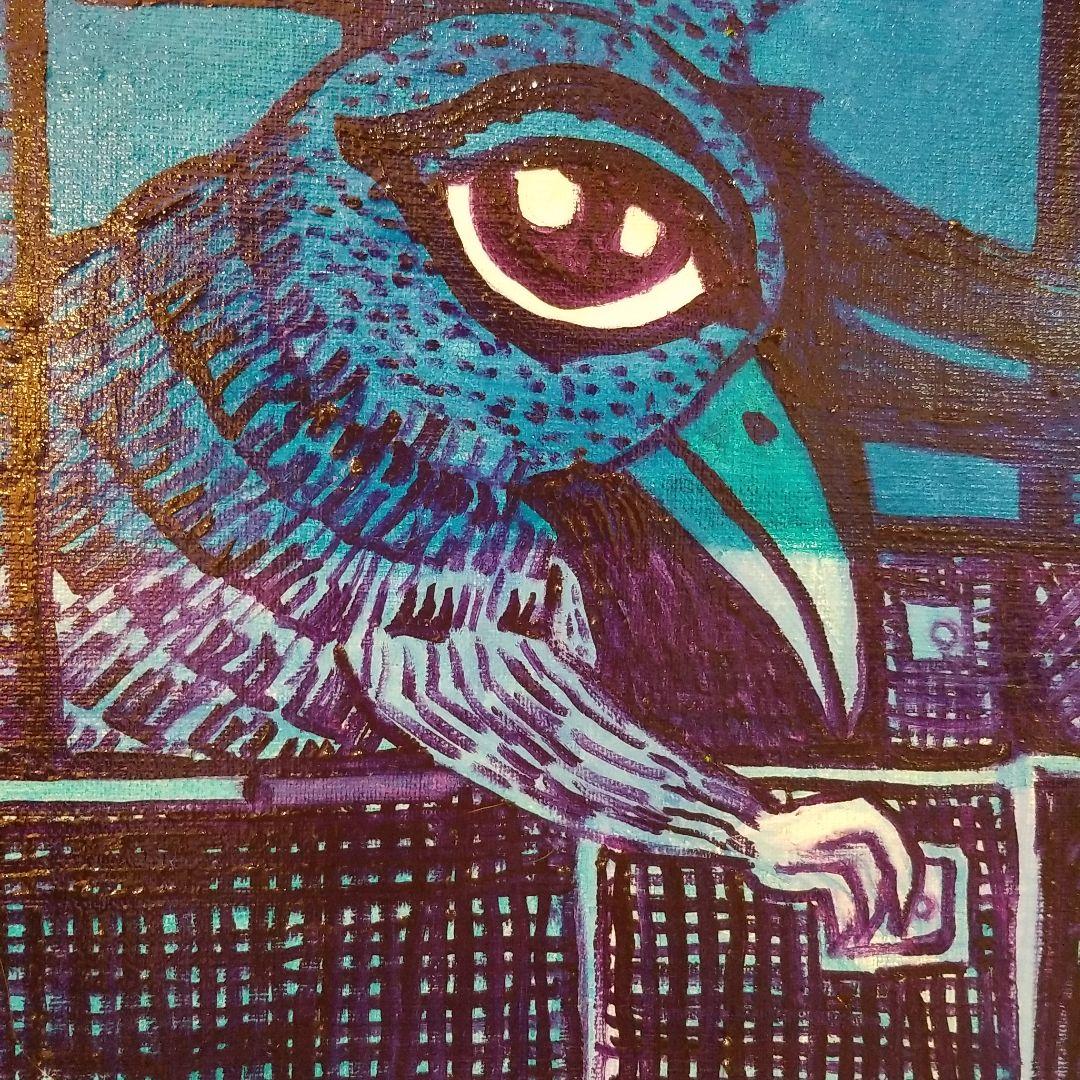 油絵　専用　さっそうと車に乗り込む鳥
