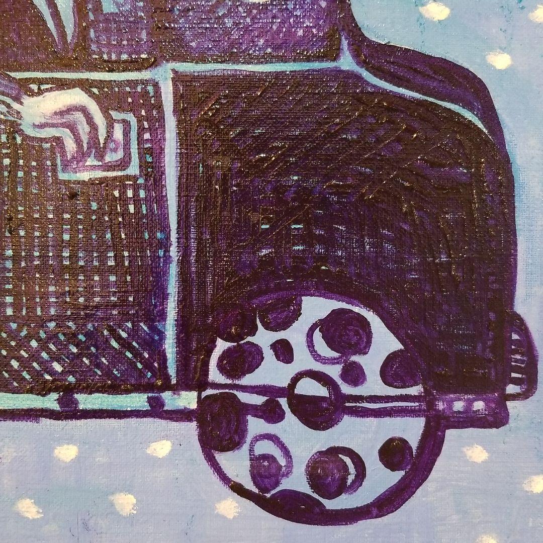 油絵　専用　さっそうと車に乗り込む鳥