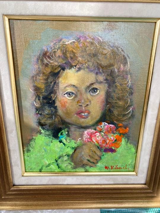 油彩画　「ブーケを持つ少女」F3原画　美品　菊地正則　パリ