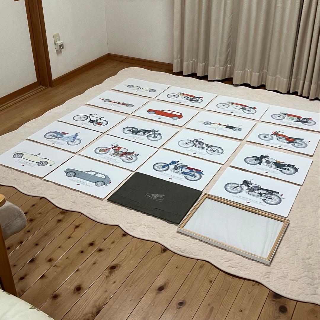 ホンダ　バイクと車のイラストレーション18枚と額