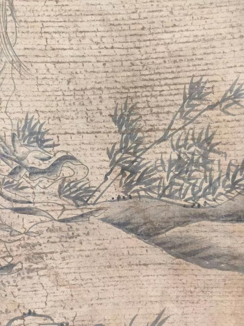 中国古美術 明代 盧稜伽作款 水墨画 風景人物 三尺 宣紙 掛け軸 唐物 肉筆