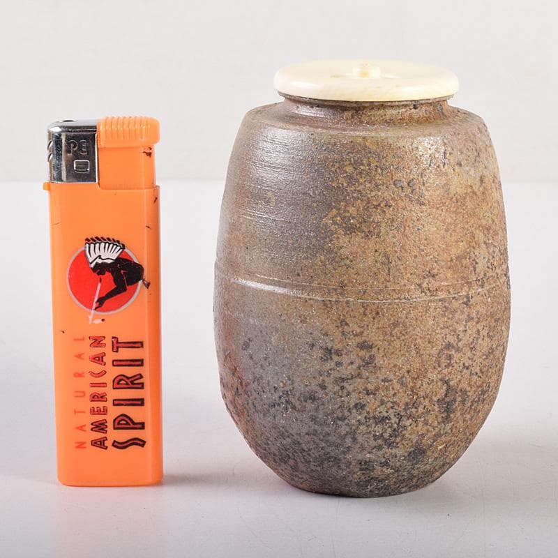 茶道具　備前焼　木村桃山作　茶入　袱紗付　共箱　V　R7875