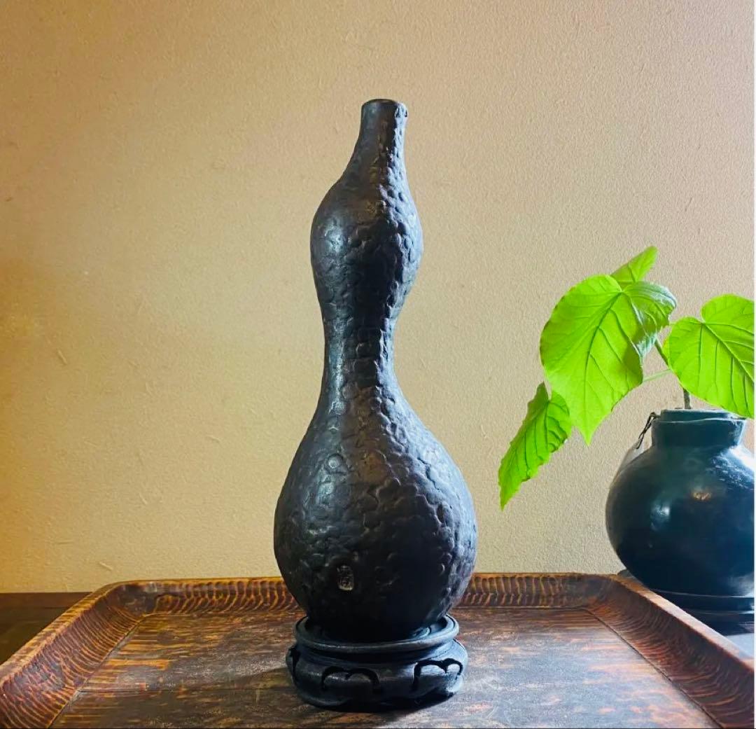 美品　二上元威作　青銅製花器　唐木鑑賞台付　２点セット　アンティーク　レア