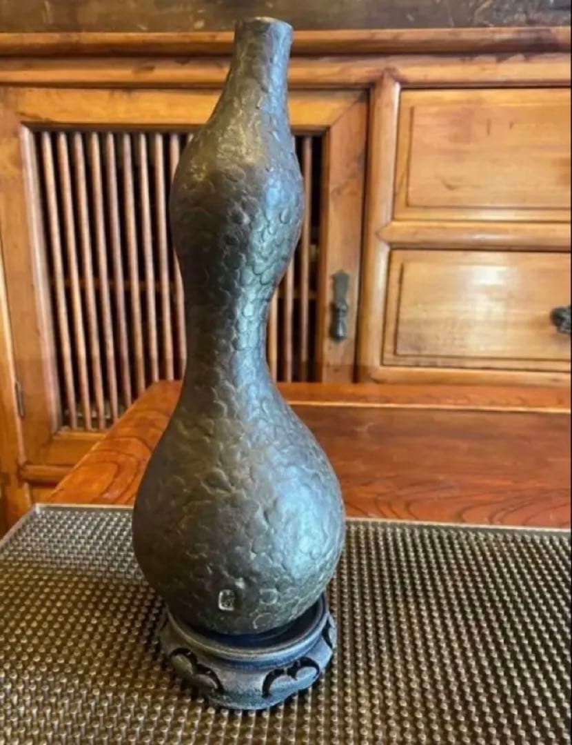 美品　二上元威作　青銅製花器　唐木鑑賞台付　２点セット　アンティーク　レア