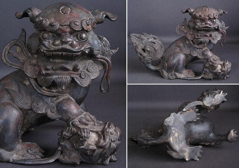 最終値下げ‼️ 金工細工『古銅 親子獅子置物』明治期　高18㎝/ 3.45㎏
