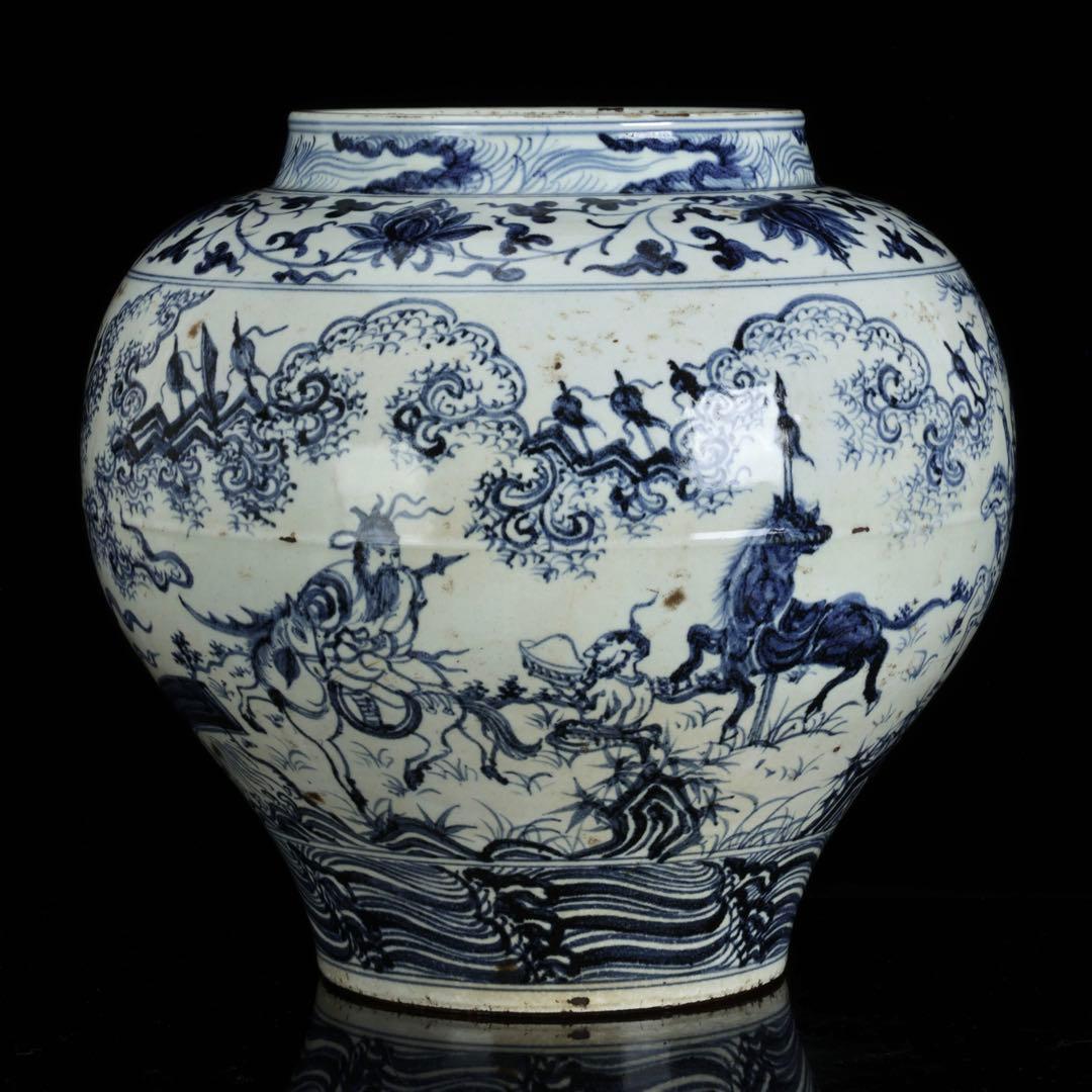 中国古玩 青花 染付 人物騎馬図 大壺30㎝ 飾壺 唐物 時代物 古美術 骨董品