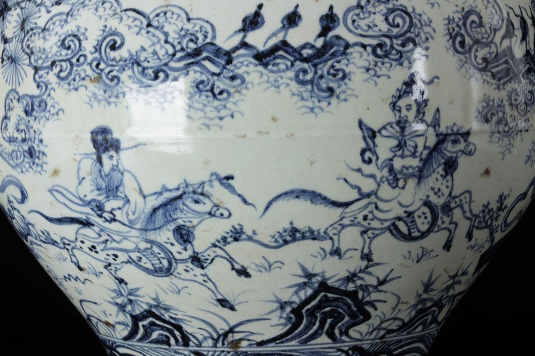 中国古玩 青花 染付 人物騎馬図 大壺30㎝ 飾壺 唐物 時代物 古美術 骨董品