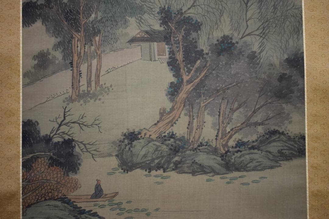 真作/浅井柳塘/長白山/柳陰静釣/瑞泉の桐極箱付/布袋屋掛軸HF-633