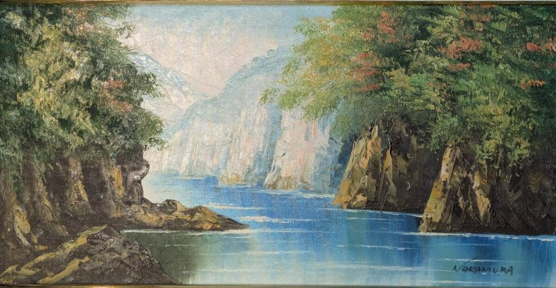 【真作】絵画　油彩　峡谷の清流　雄大な自然　迫力ある風景アート　Z28