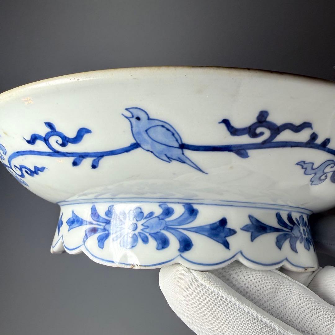 江戸期　古伊万里　染錦貝青海波文高台皿　裏唐草鳥文　珍しい絵付　古美術　蒐集家