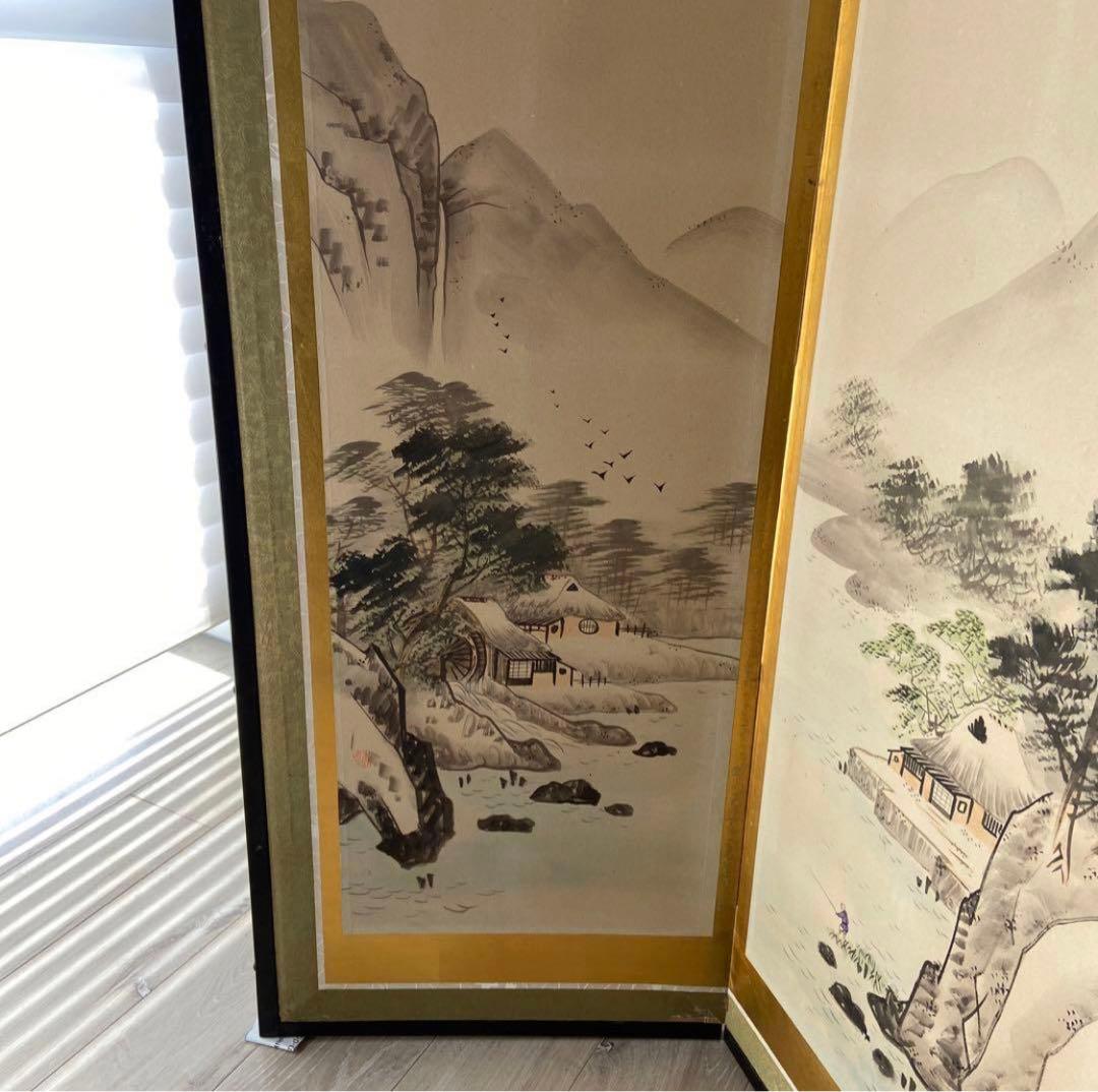 山水画 屏風 花柄裏面