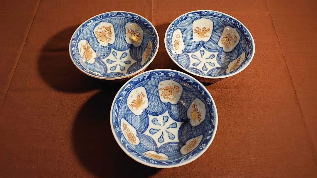 大聖寺伊万里　古伊万里　伊万里　色絵　染付　丸鉢　菓子鉢蔵出し　江戸期　３客