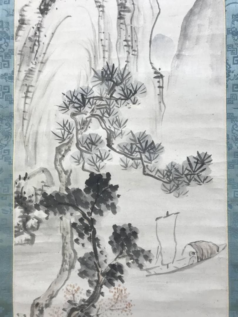 真作/長町竹石/山水人物図/秋江帰帆/山水図/帆船図/掛軸/名家伝来AE-401
