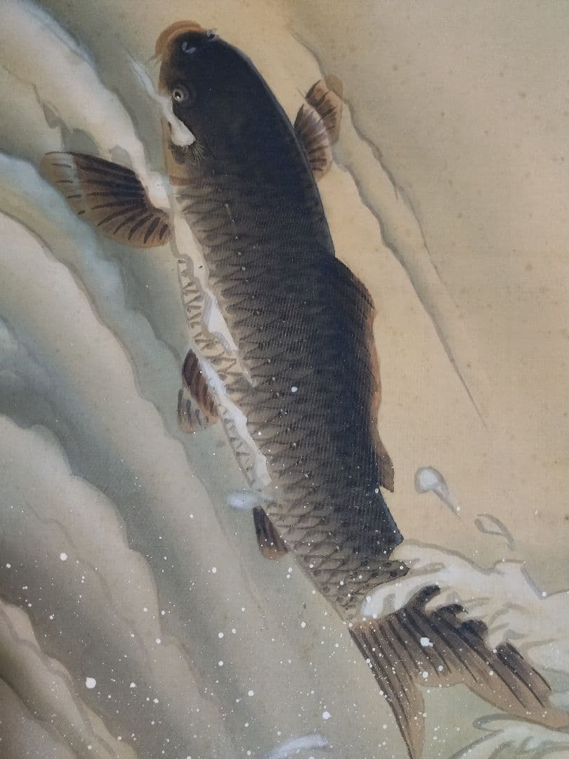 掛軸　肉筆　鯉乃瀧昇　共箱有　絹本　掛け軸