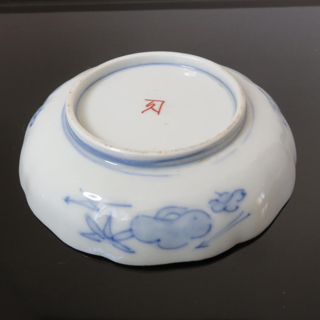 小皿 5枚 古伊万里 色絵付け 鶴 菊 草 扇 花束 銘 角久 窯傷 江戸 明治