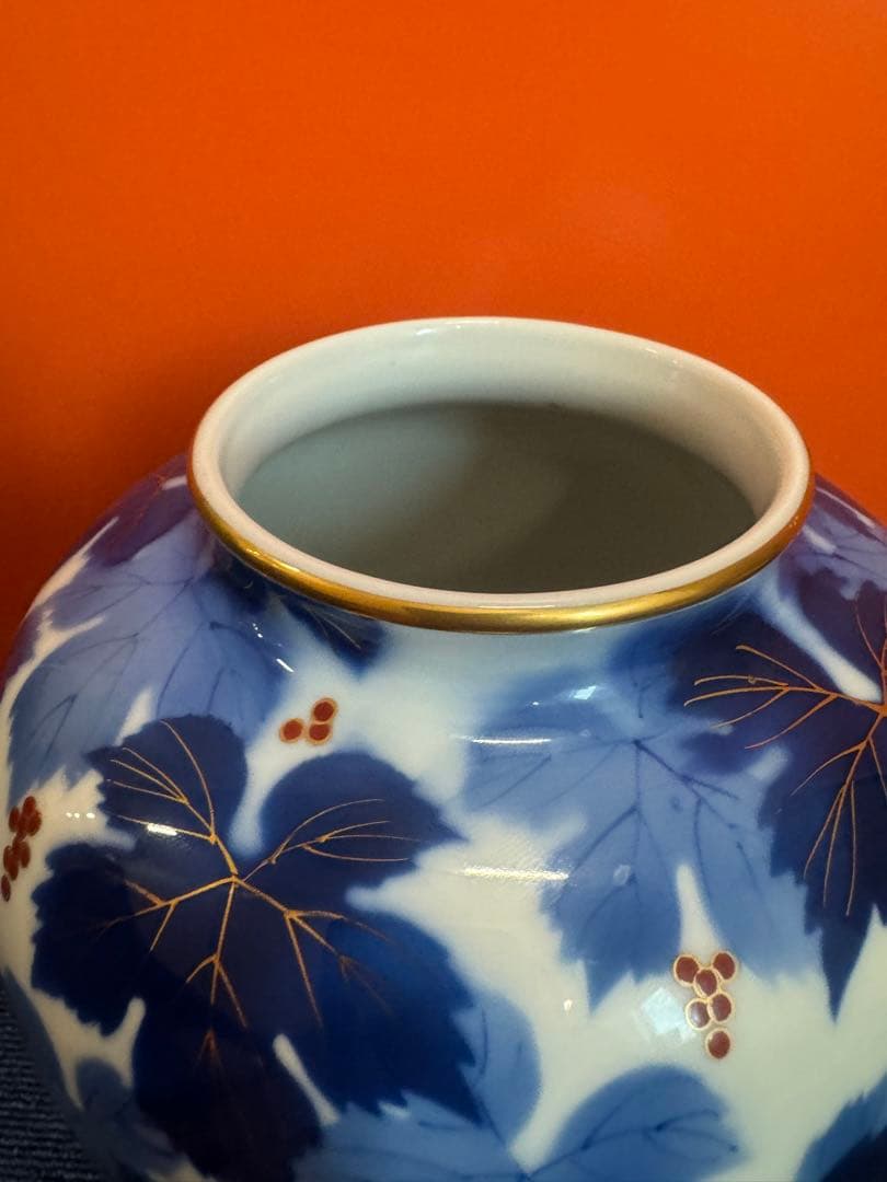 2002 深川製磁　葡萄瑠璃　花瓶　金彩