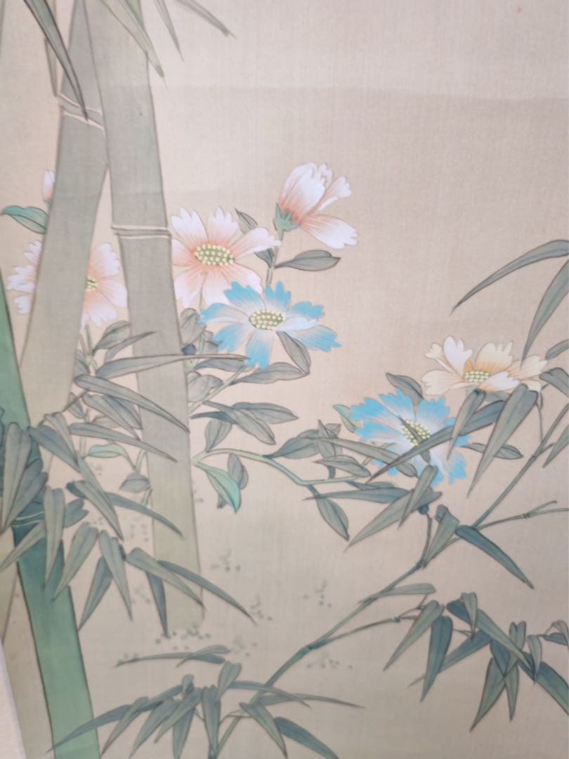 竹と鳥の水墨画 掛軸