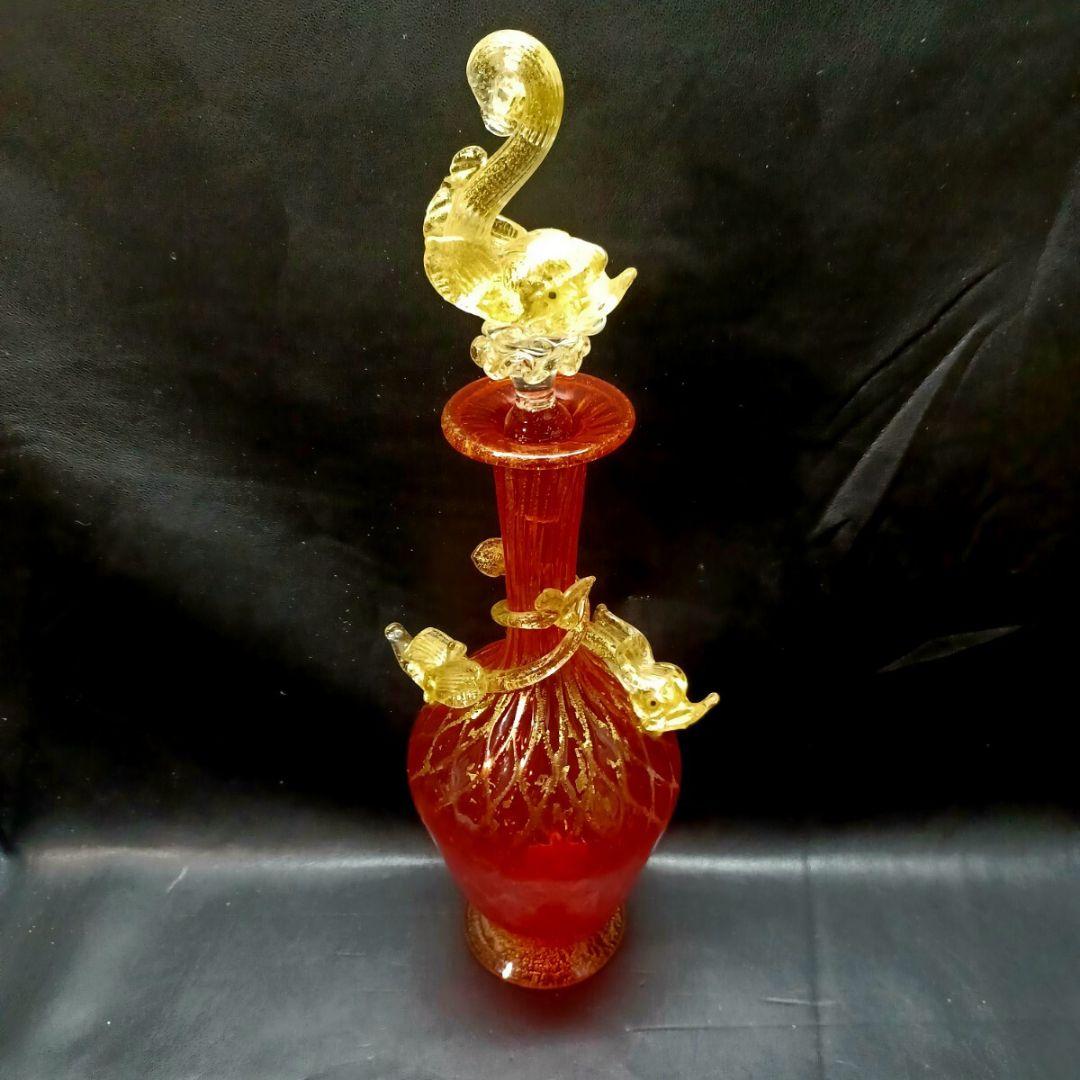 MURANO 34㎝ ムラノ 金彩 レッド ドルフィン モチーフ デカンタ
