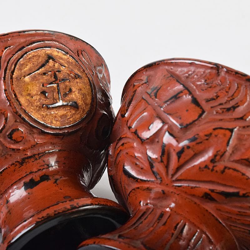 根来塗　朱塗　金彩　紅葉刻　漢詩刻　杯　一對　時代箱付　F　R8032