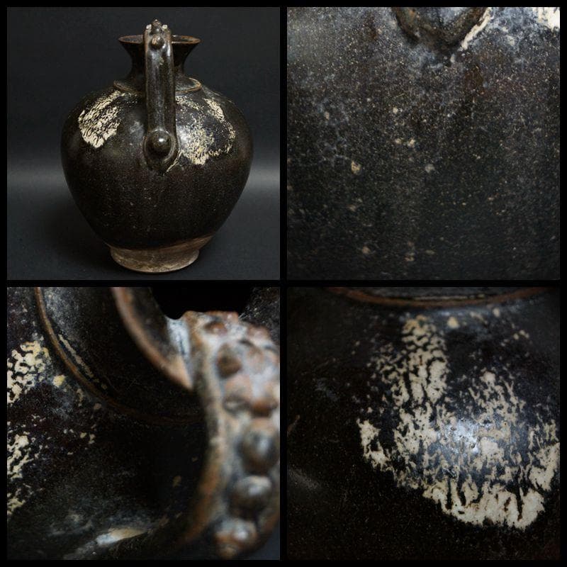 唐 黄道窯 黒釉白斑水注 湯瓶 土瓶 湯沸 唐物 木製箱付★時代物★希少品