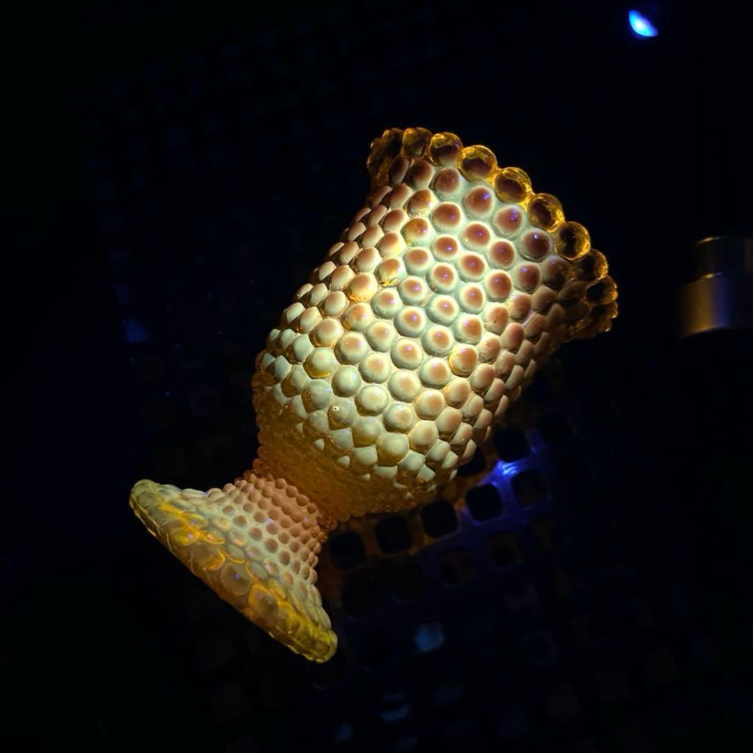 骨董　時代ガラス　希少　橙色　黄色暈し　霰プレス　あられ　氷コップ　ウラン １客