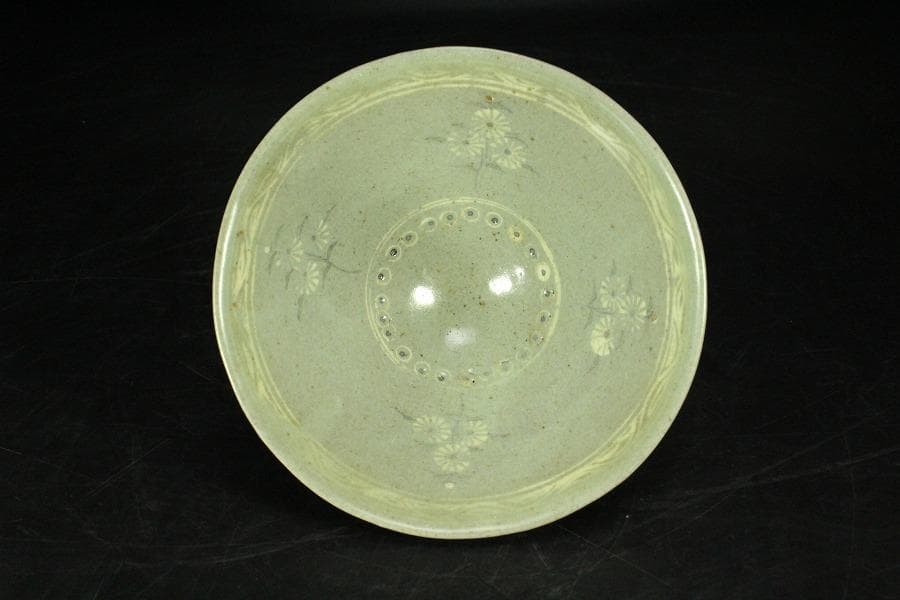 高麗 草花象嵌 青磁 茶碗 時代 茶道具(K-A990)
