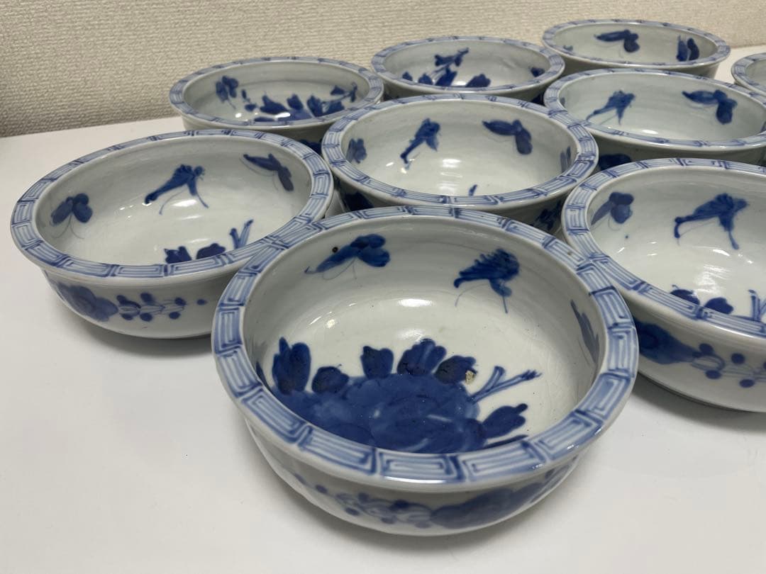 【現状品】古伊万里 染付 花蝶柄 菓子鉢10個セット アンティーク レトロ 陶器