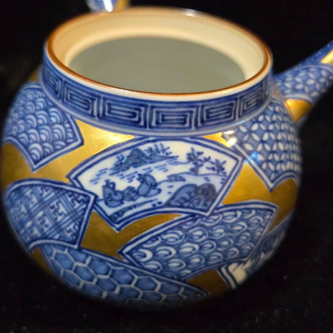 平安　清昌造　急須　共箱　急須　煎茶　宝瓶　京焼　陶器製 金地染付扇面図