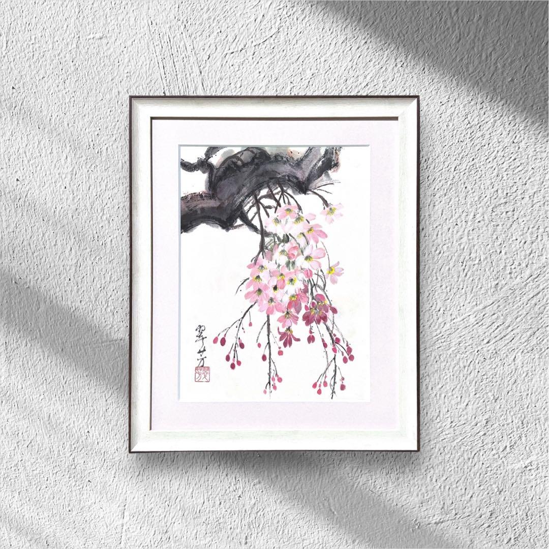 【古口翠芳/Suihou Koguchi】墨彩画　枝垂れ桜　木製額縁付き