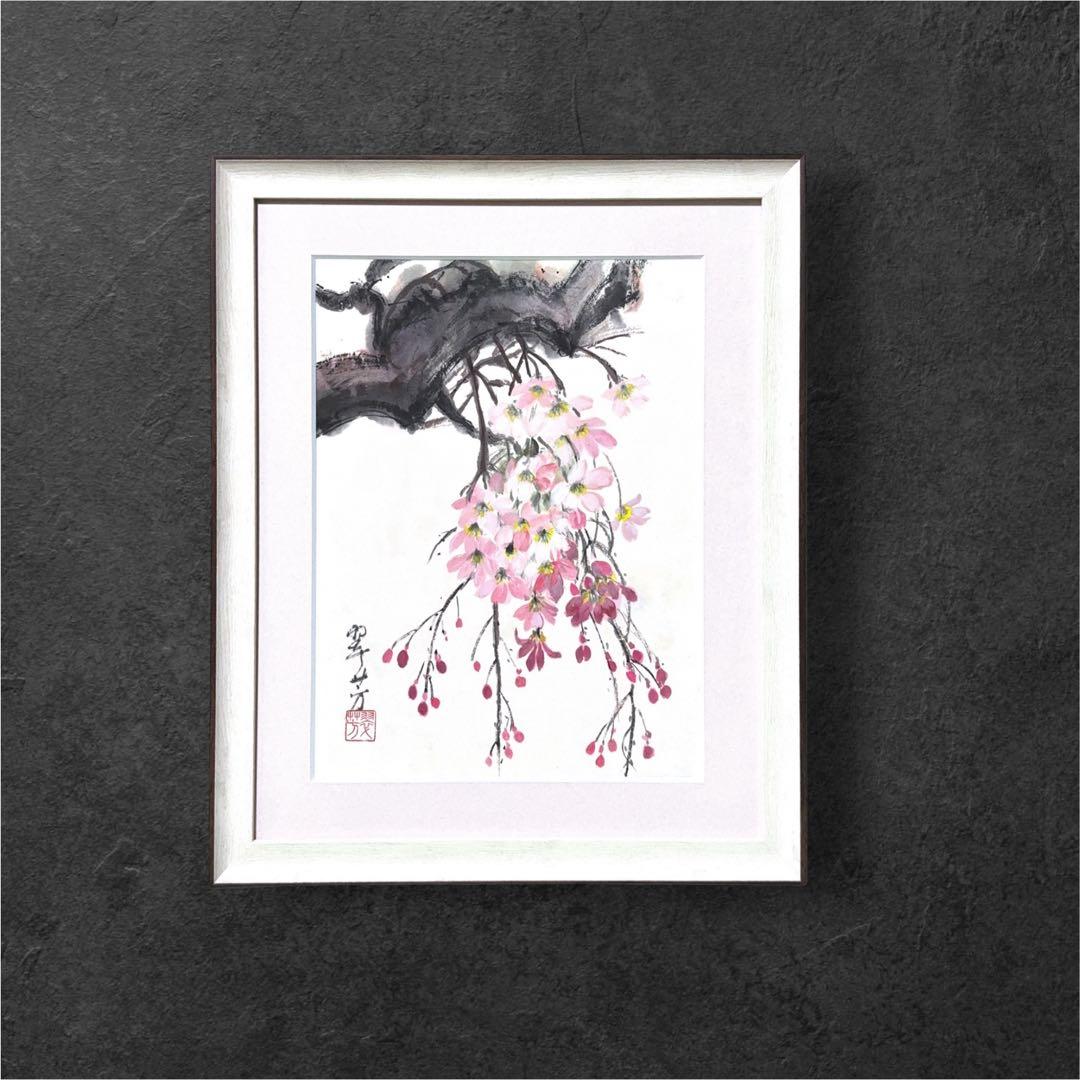 【古口翠芳/Suihou Koguchi】墨彩画　枝垂れ桜　木製額縁付き