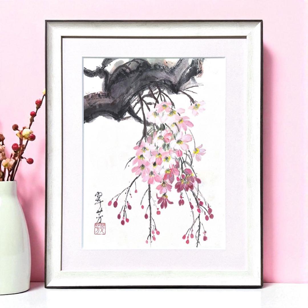 【古口翠芳/Suihou Koguchi】墨彩画　枝垂れ桜　木製額縁付き