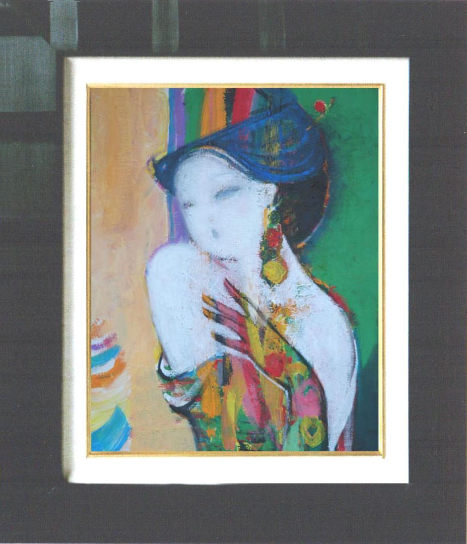 油絵 菅家令子 絵 絵画インテリア額付(青緑＋金色の枠)uF6-010111女性