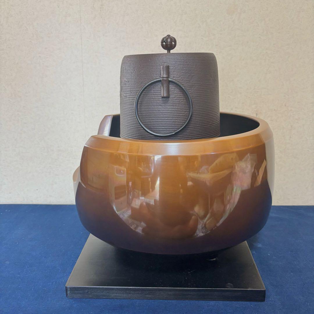 風炉 茶釜 電熱器 唐銅面取風炉 糸目筒釜 野々田製電熱器 前瓦 敷板 茶道具