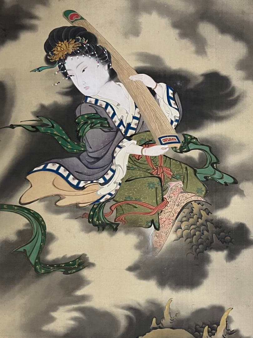 掛軸/曽根琴峯筆/龍上天女之図/龍/天女/肉筆/骨董/アンティーク