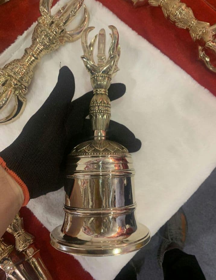 【修縁堂】チベット仏教法器鐘五鈷金剛鈴 真鍮製 密教パワー 密教法具 26cm